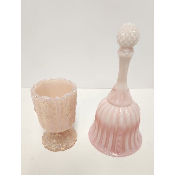Vintage Fenton Pink Opalescent Glass Bell & Goblet Set Iridescent Rose Colonial - Picture 3 of 12